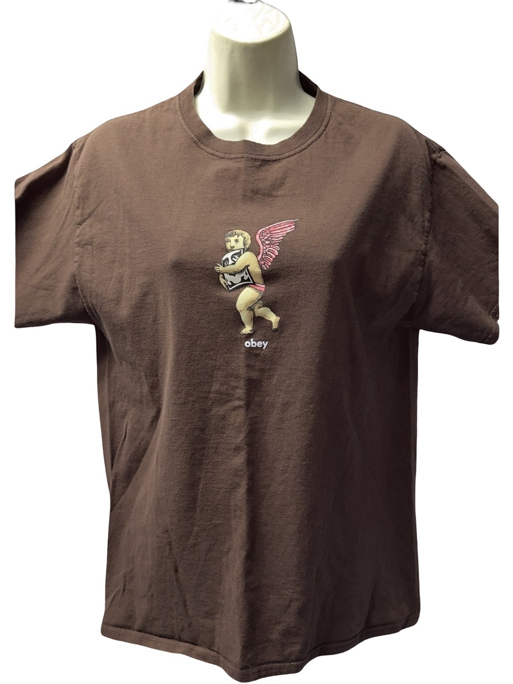 Obey Brown Graphic T-shirt with Cherub Print Woman’s Size M